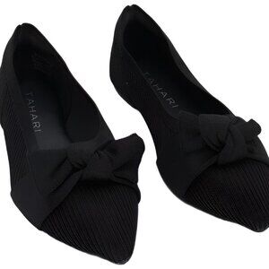 Tahari Monserrat Knit Black Bow Pointed Flats US 7 EU 38